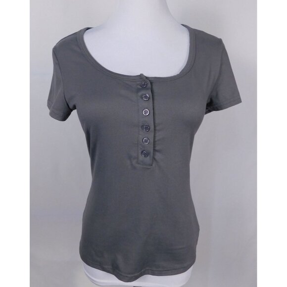 SALE Shein Womens M Gray Buttoned Scoop Neck Short Sleeve Shirt - Picture 1 of 9
